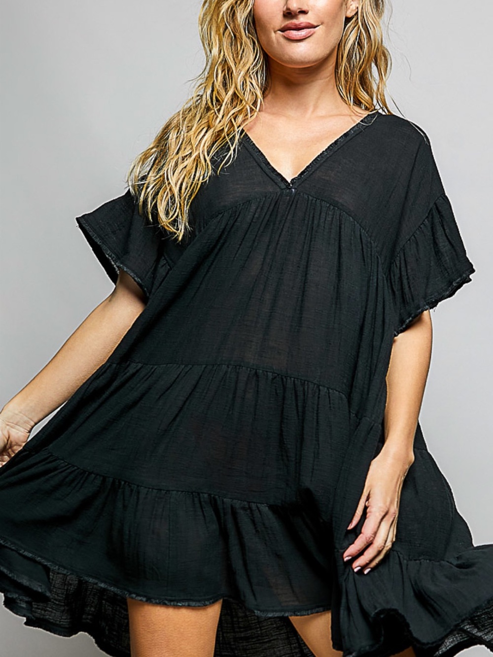 💕SALE! POL Black V-Neck Tiered Babydoll Dress/Tunic - Picture 3 of 6